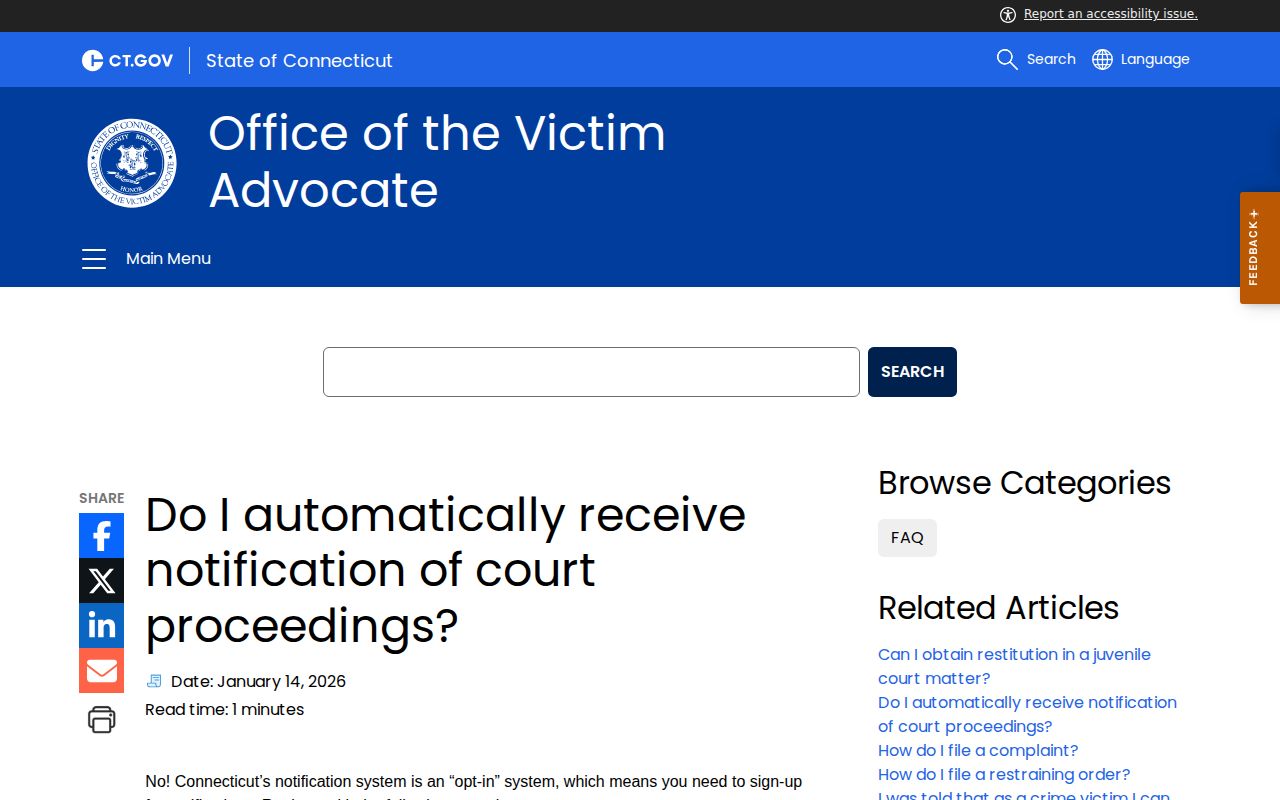 CT VINE notification options for West Haven court and custody records